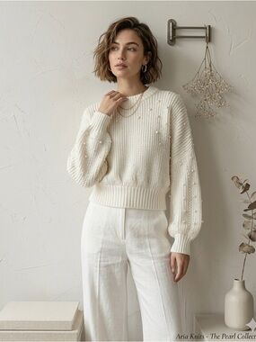 Farm Rio Pearl Embroidered Bubble Sweater Off White Knit NWT Medium